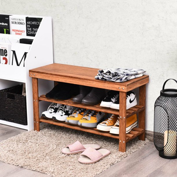 SUGIFT 3-Tier Bamboo Shoe Bench Storage Rack Organizer