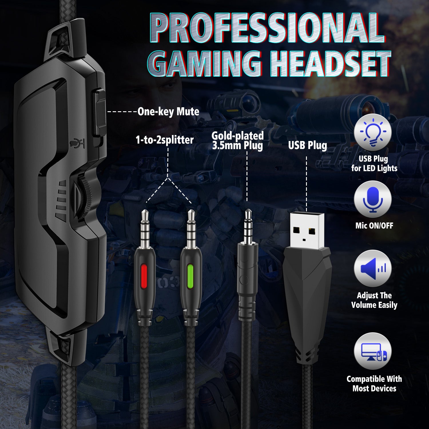 SUGIFT V10 Stereo Gaming Headset for PS4 PC Xbox One PS5 Controller, Noise Cancelling Over Ear Headphones with Mic, LED Light, Bass Surround, Soft Memory Earmuffs for Laptop Mac Nintendo NES Games