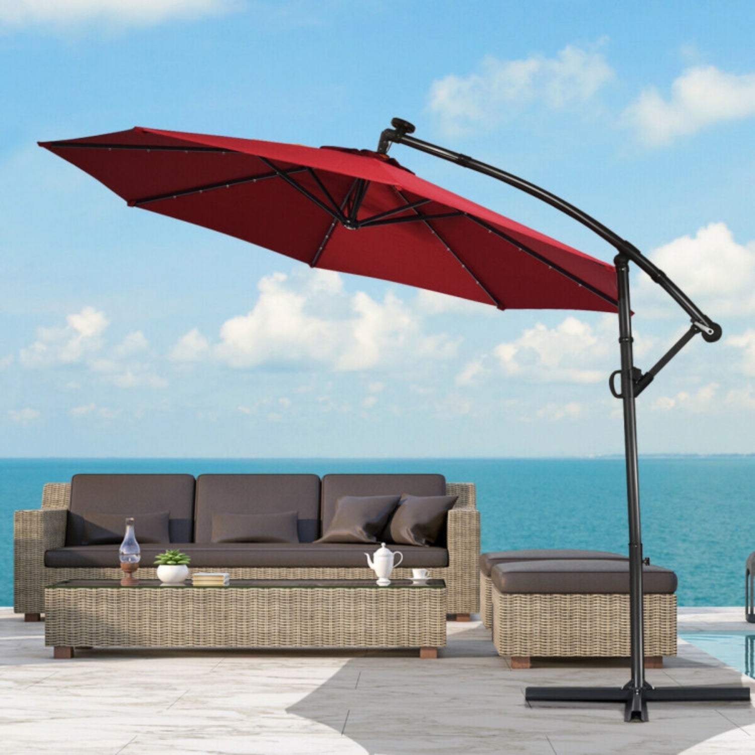 SUGIFT 360¡ãRotation Solar Powered LED Offset Umbrella without Weight Base, Dark Red