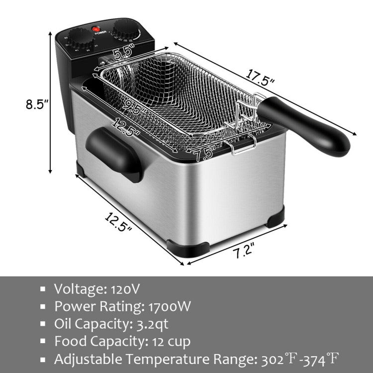 SUGIFT 3.2 Quart Electric Stainless Steel Deep Fryer with Timer