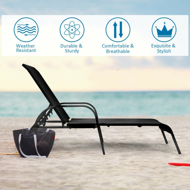 2-Piece Metal Adjustable Outdoor Chaise Lounges Chairs with Adjustable Reclining Armrest in Black