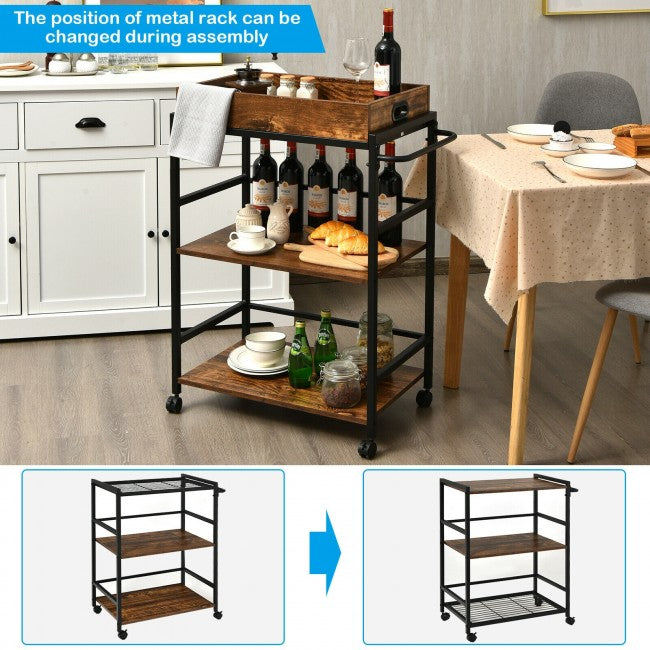 SUGIFT 3-Tier Kitchen Serving Bar Cart with Lockable Casters and Handle Rack for Home Pub
