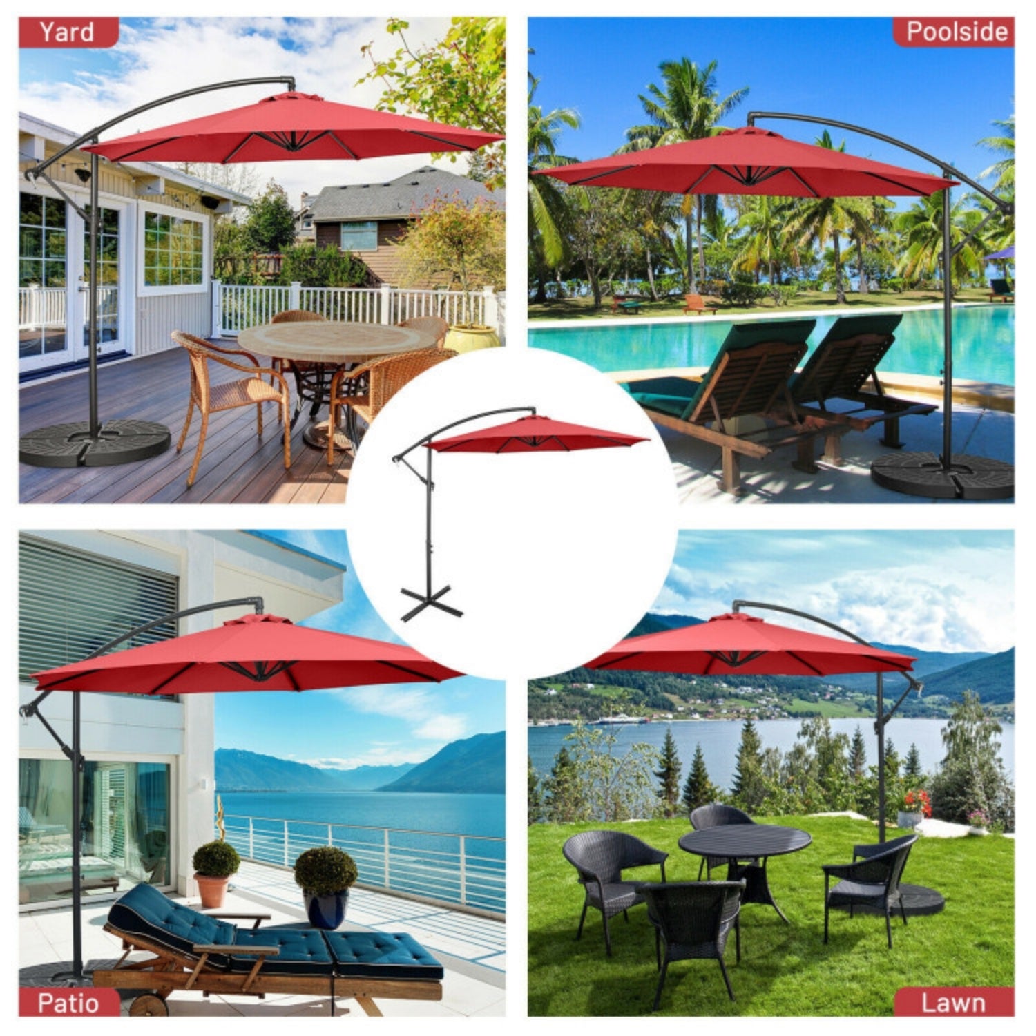 SUGIFT 10 Feet Offset Umbrella with 9 Ribs Cantilever and Cross Base,Red