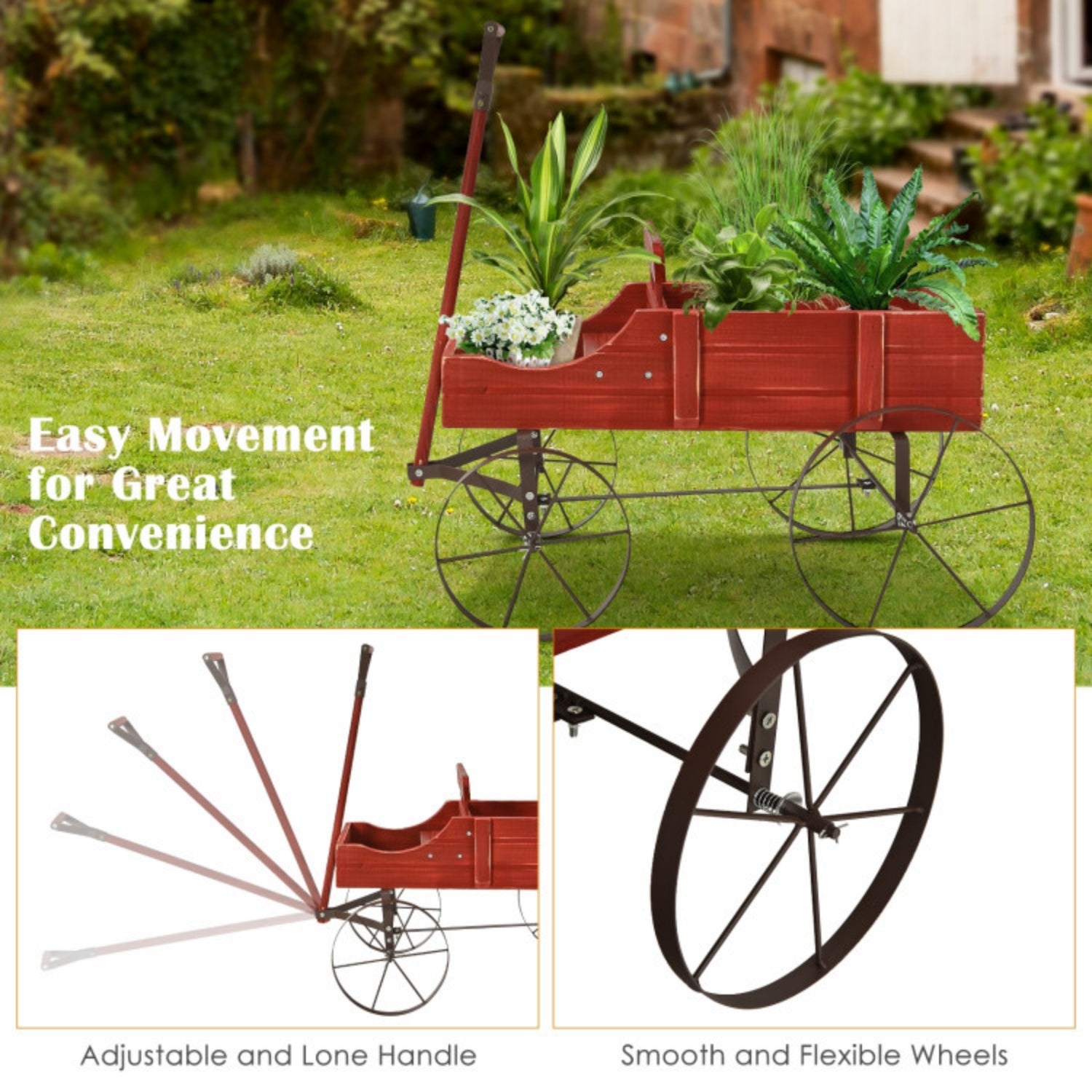 SUGIFT Wooden Wagon Plant Bed with Metal Wheels for Garden Yard, Red