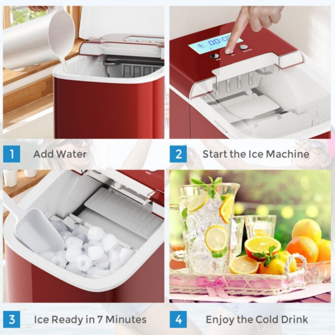 SUGIFT 27 lbs Countertop LCD Display Ice Maker with Ice Scoop,Red