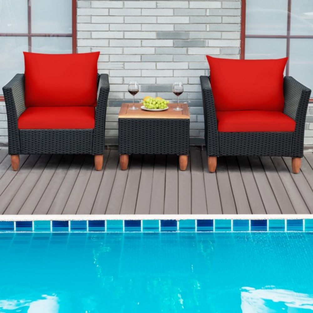 3-Pieces Outdoor Patio Rattan Conversation Set with Red Cushions