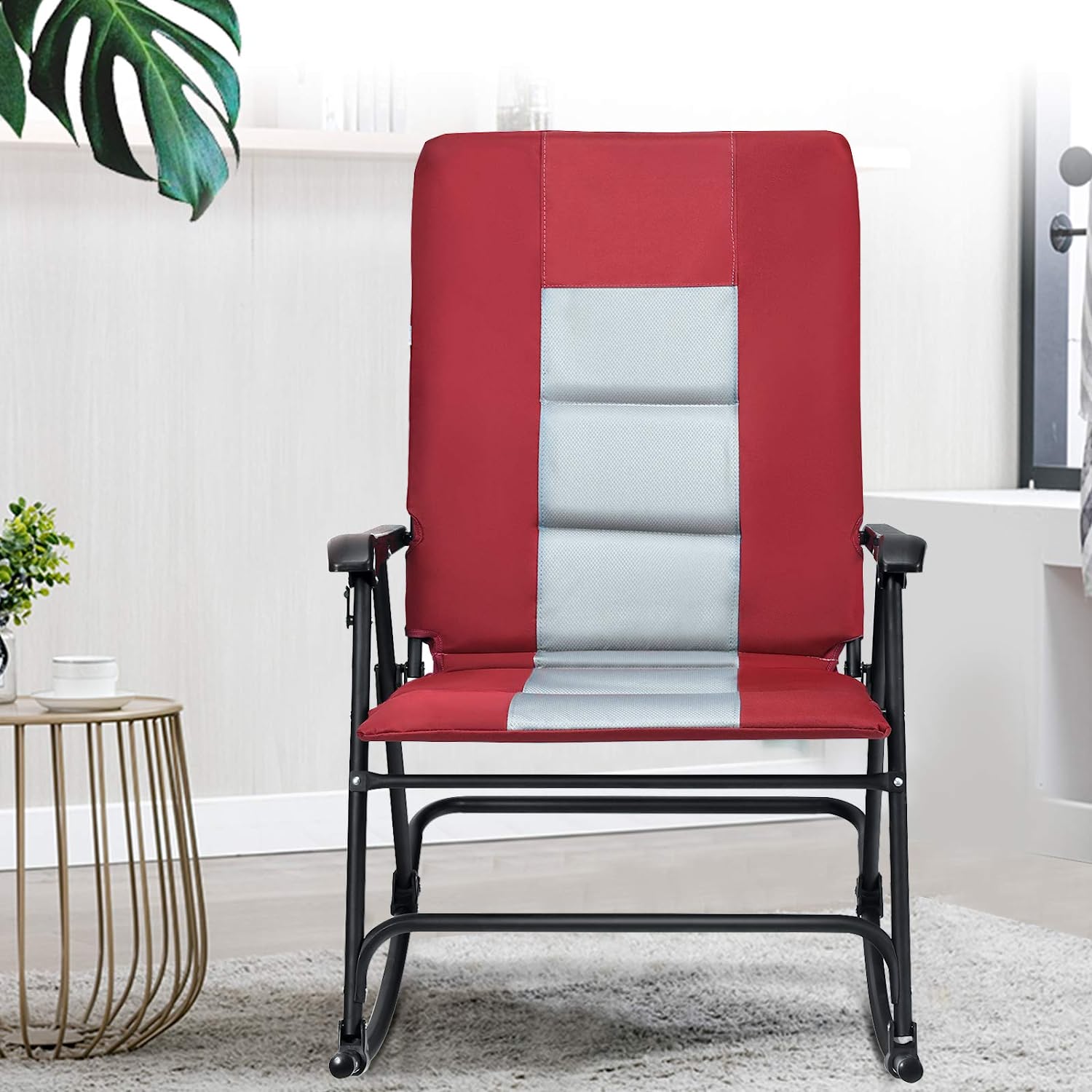 Metal Foldable Padded Portable Camping Outdoor Rocking Chair in Red with Backrest and Armrest