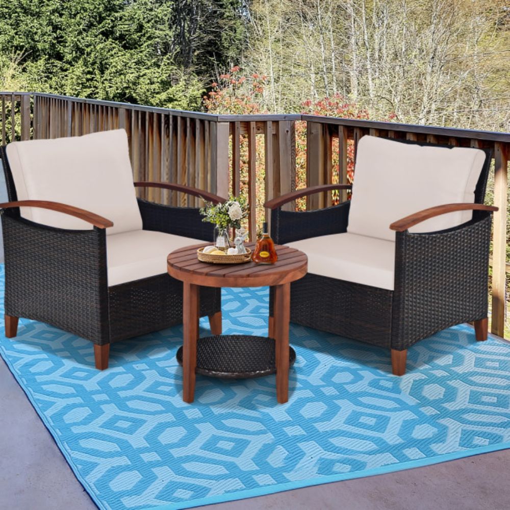 3-Pieces Outdoor Wicker Wooden Frame Patio Conversation Furniture Set with Beige Cushion