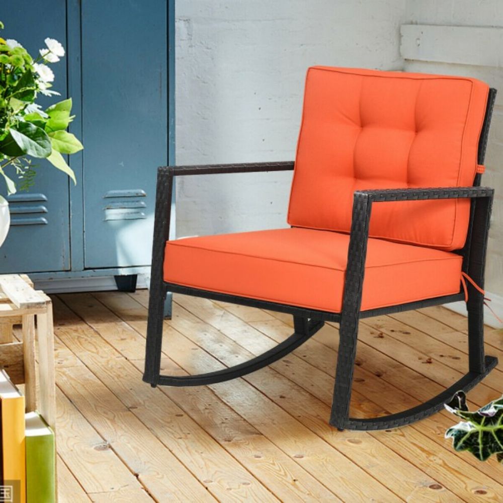 Patio Rattan Wicker Rocking Chair Outdoor Rocking Chair with Orange Cushions