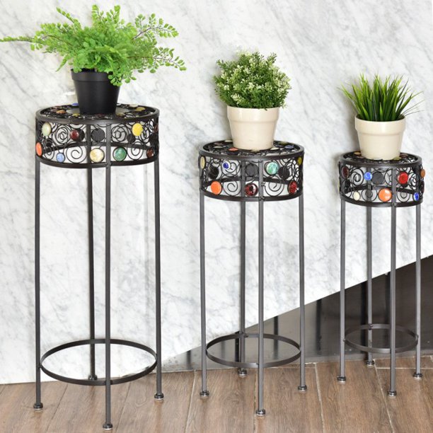 SUGIFT Plant Stand Storage 3 Pieces Round Display Ceramic Beads Metal Plant Stand