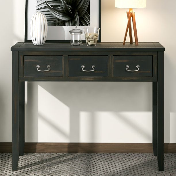 SUGIFT 39in Modern Console Table Sofa Table for Living Room with 3 Drawers Antique Green