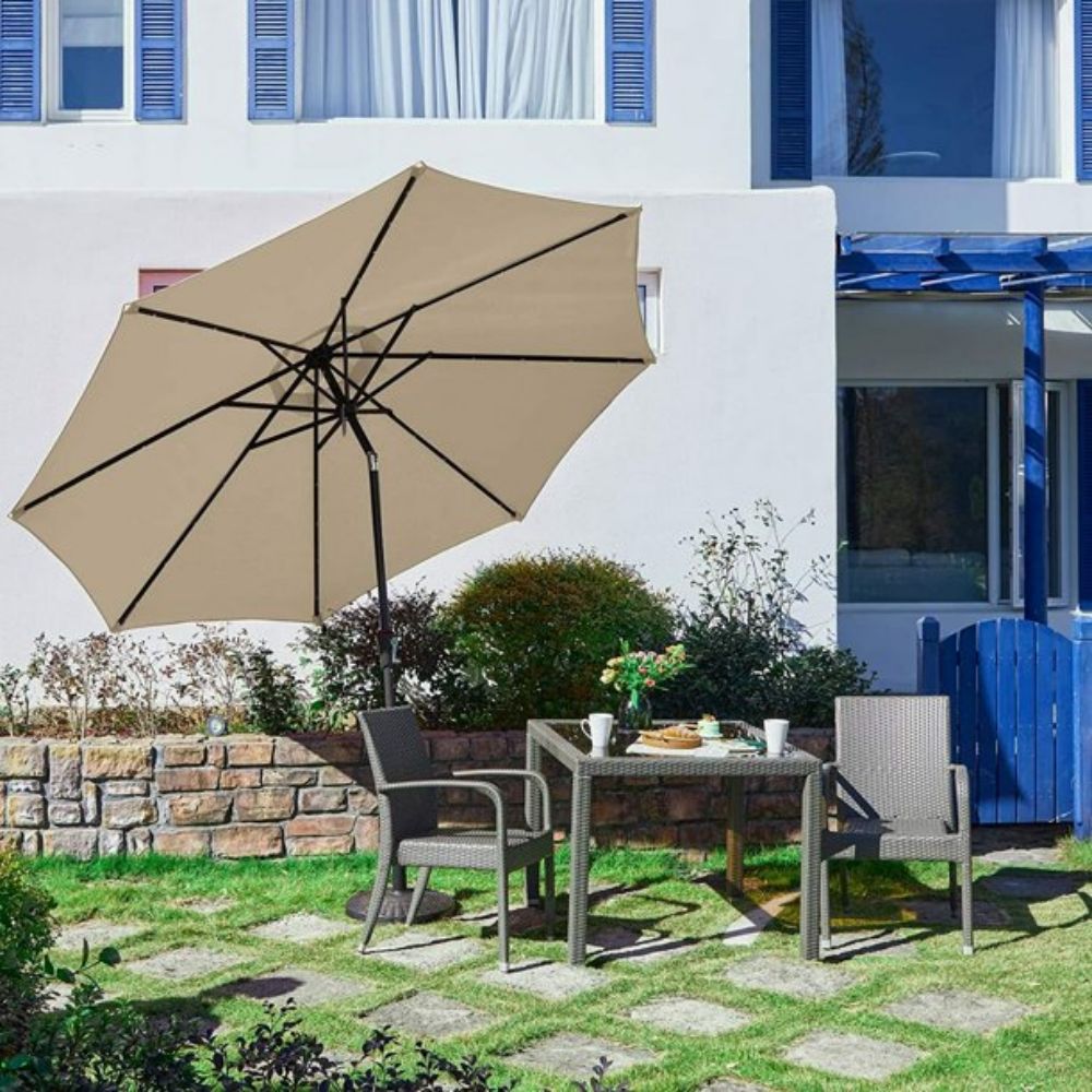 10 ft. Metal Market Solar Tilt Patio Umbrella with Crank and LED Lights in Beige