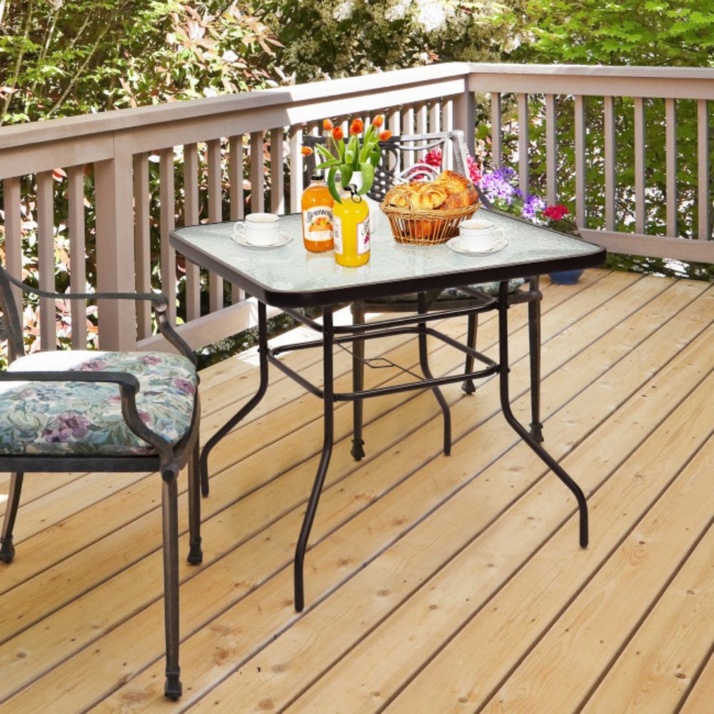 32 in. Patio Metal Square Outdoor Dining Table with Umbrella Hole and Tempered Glass