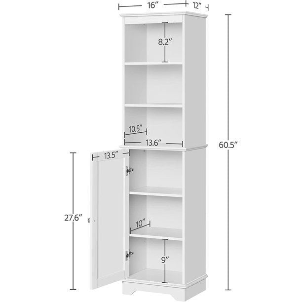 SUGIFT Tall Slim Cabinet with 3 Shelves & Door, Floor Freestanding Linen Cabinet for Bathroom, Living Room