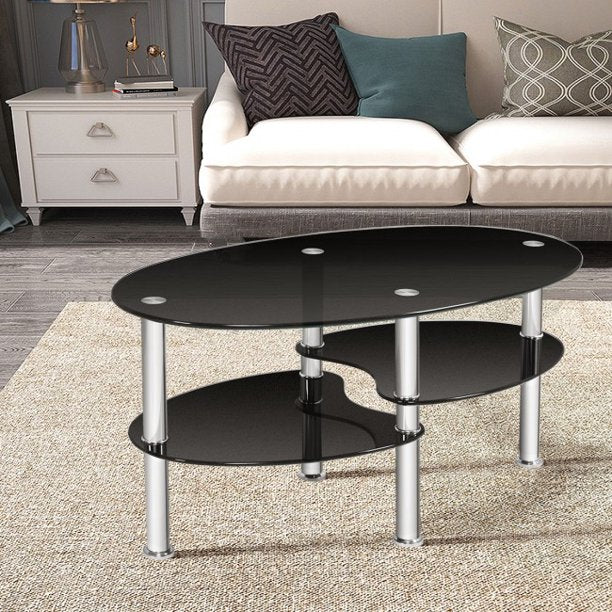 Tempered Glass Coffee Table Oval Side Desk Modern End Table
