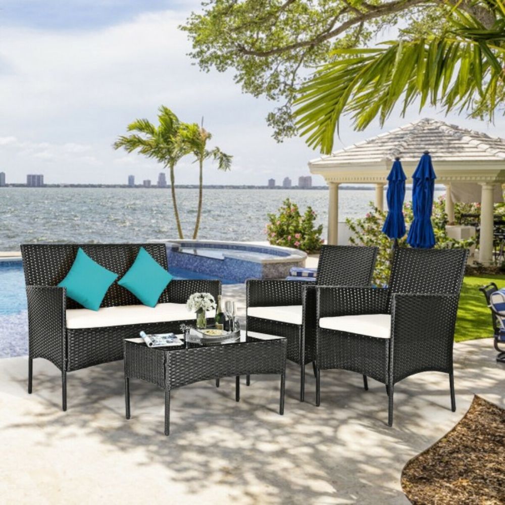 4-Piece Rattan Outdoor Conversation Seating Set with White Cushion and Patio Tempered Glass Table