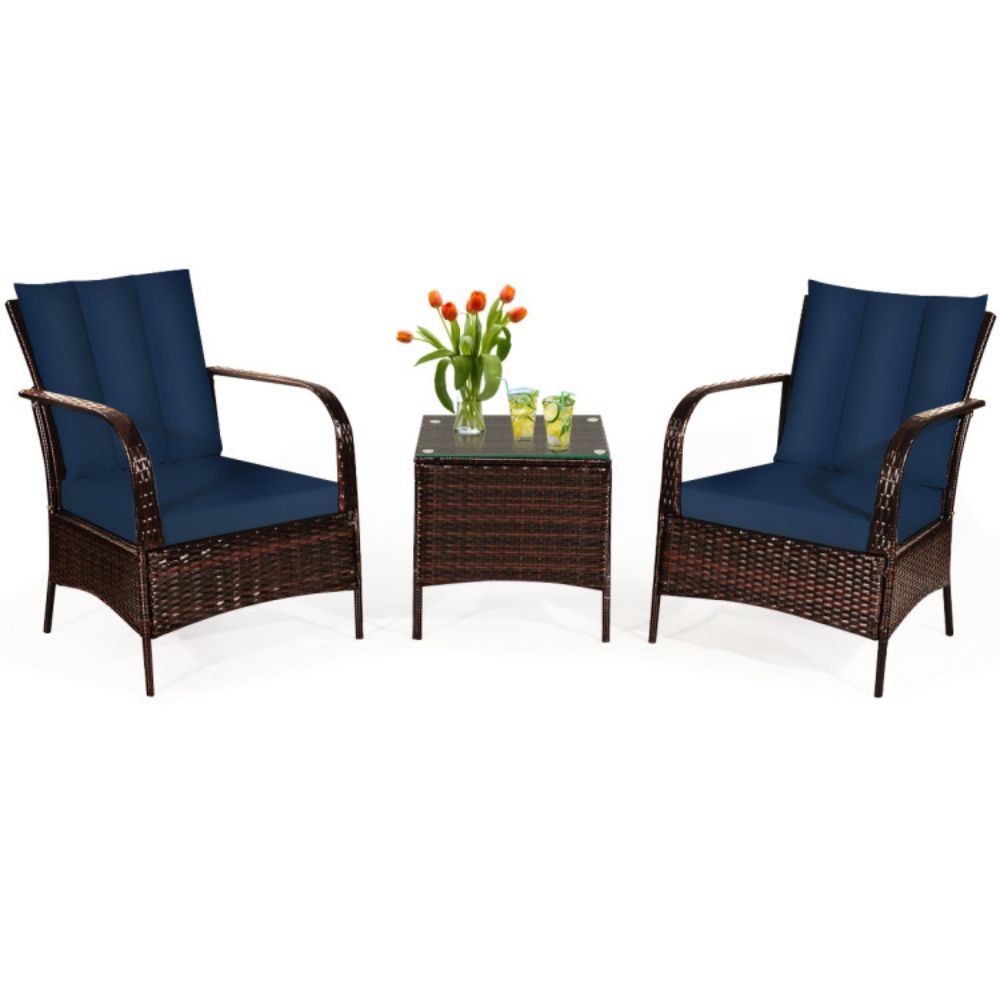 3-Pieces Outdoor Wicker Patio Conversation Furniture Set with Navy Cushion