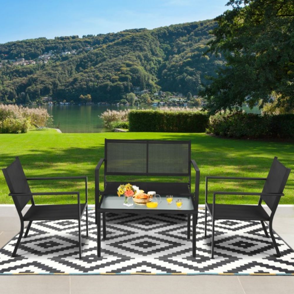Black 4-Piece Metal Furniture Patio Conversation Set with Glass Top Coffee Table