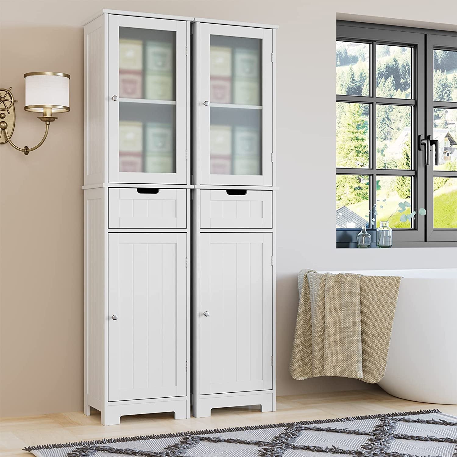 Bathroom Storage Cabinet, Tall Freestanding Cabinet with Door and Drawer for Home Office, White