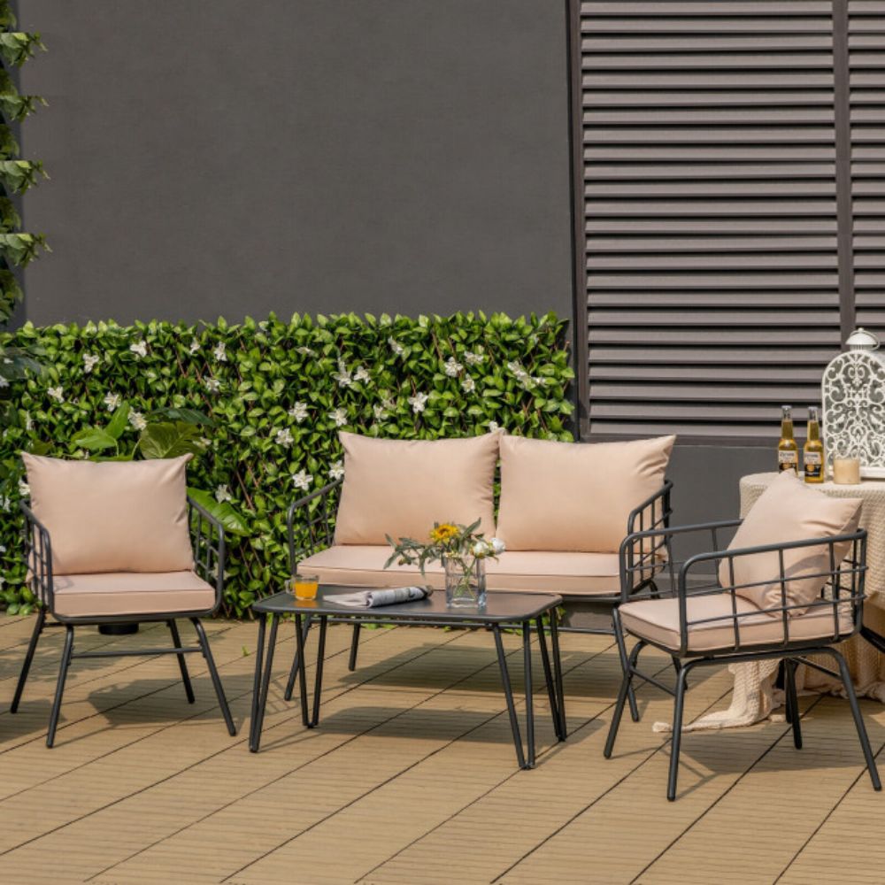 4-Piece Outdoor Metal Patio Conversation Set with Beige Cushions