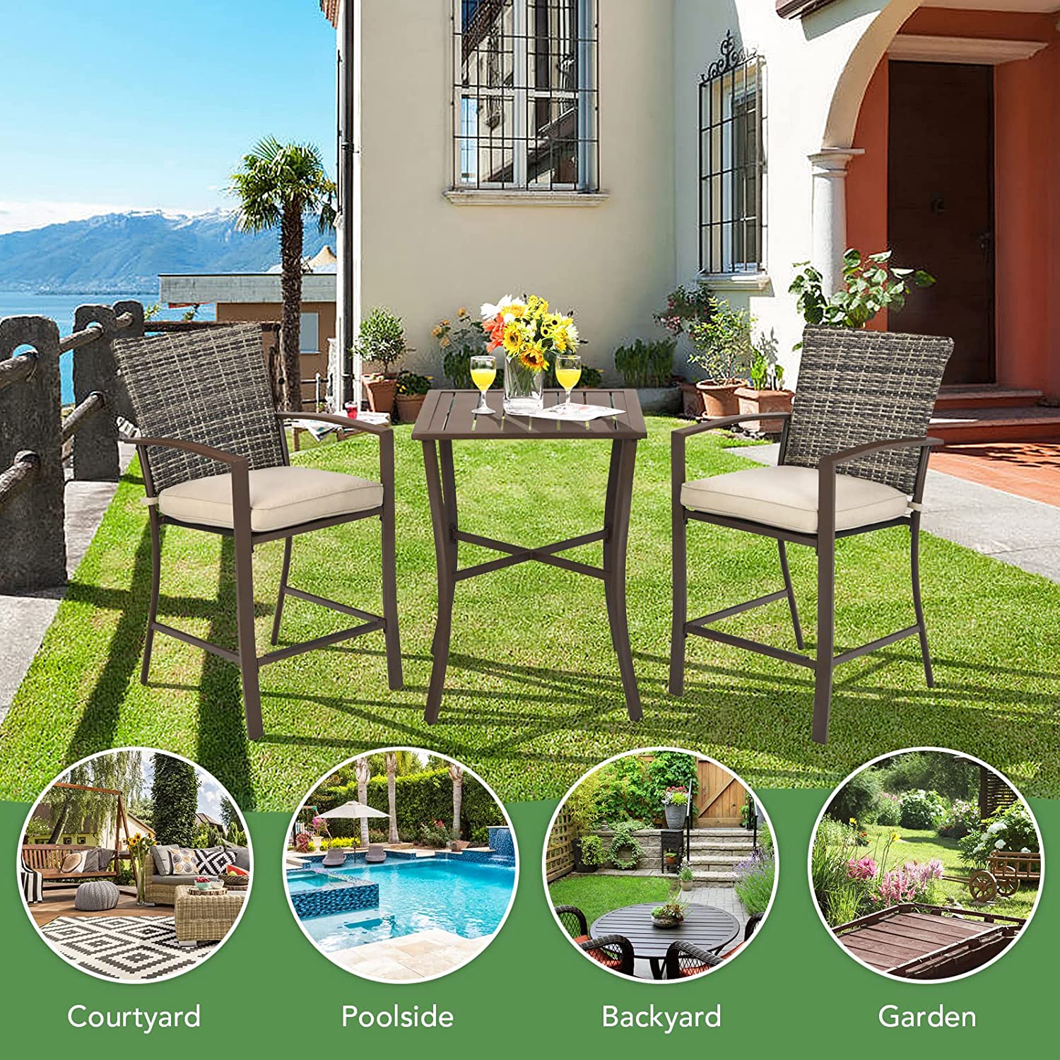 3-Pieces Rattan Patio Outdoor Conversation Furniture Set with Slat Table and Beige Cushions