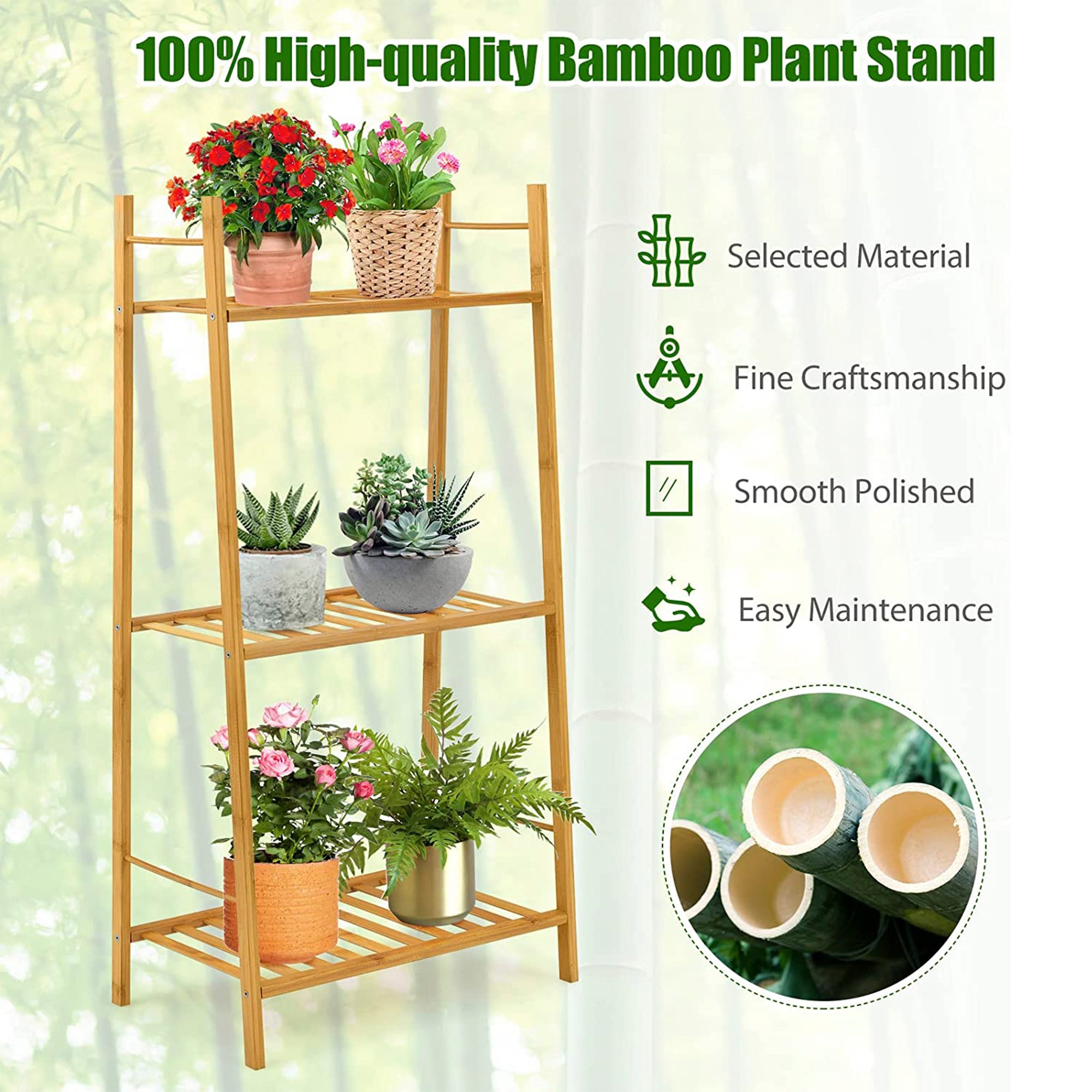 Indoor/Outdoor Natural Bamboo Wood Ladder Plant Stand Display Holder (3-Tier)