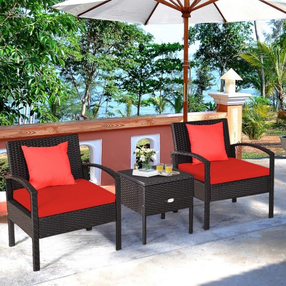 3-Piece Wicker Patio Conversation Set with Red Cushions