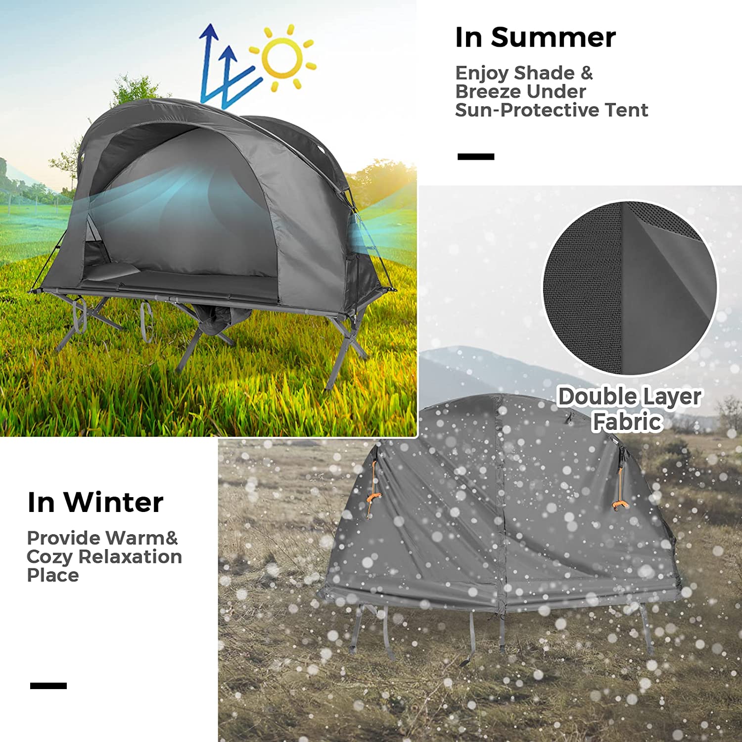 1-Person Gray Outdoor Folding Camping Tent Cot Elevated Compact Tent with External Cover