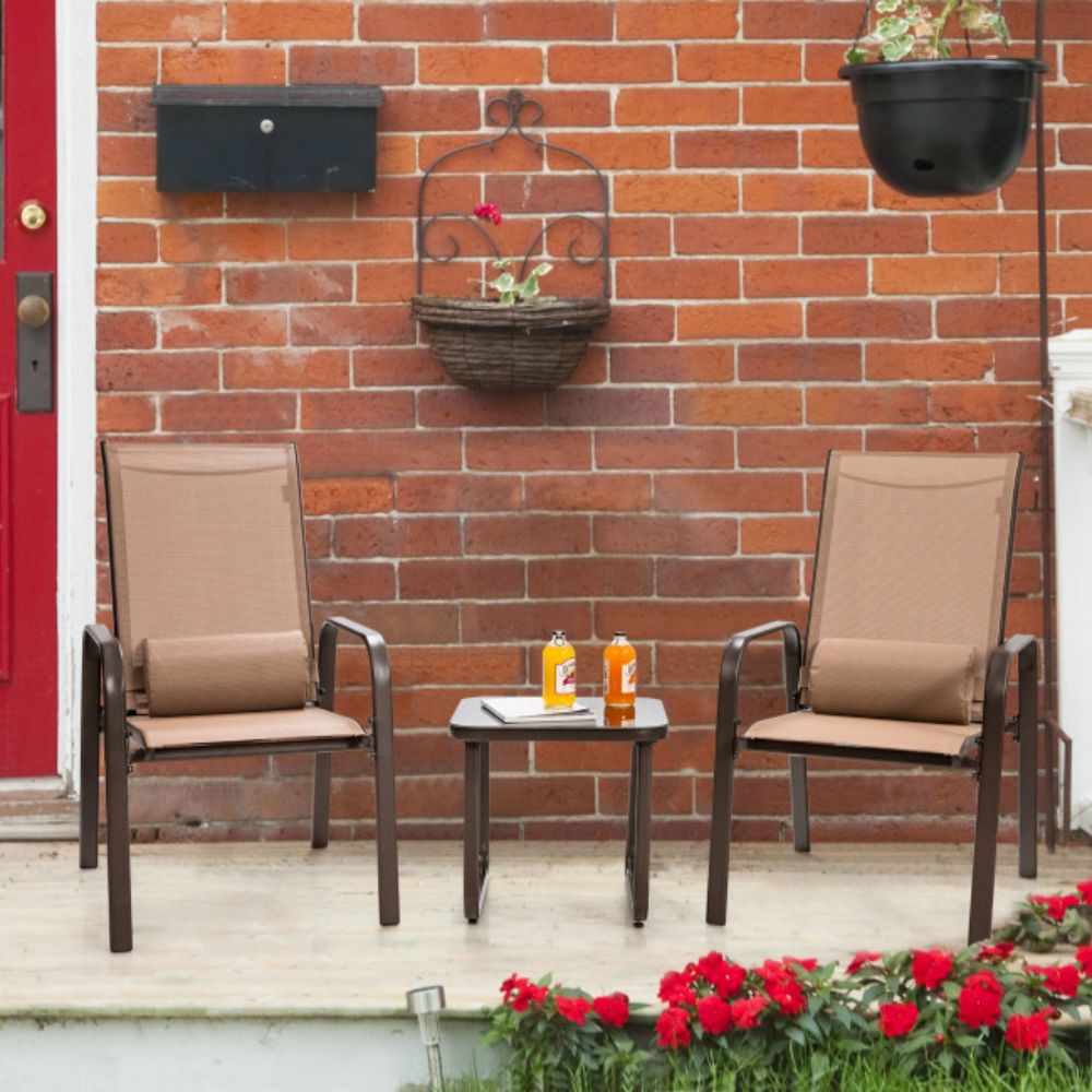 Brown 3-Pieces Metal Stackable Outdoor Patio Bistro Conversation Set with Adjustable Backrest