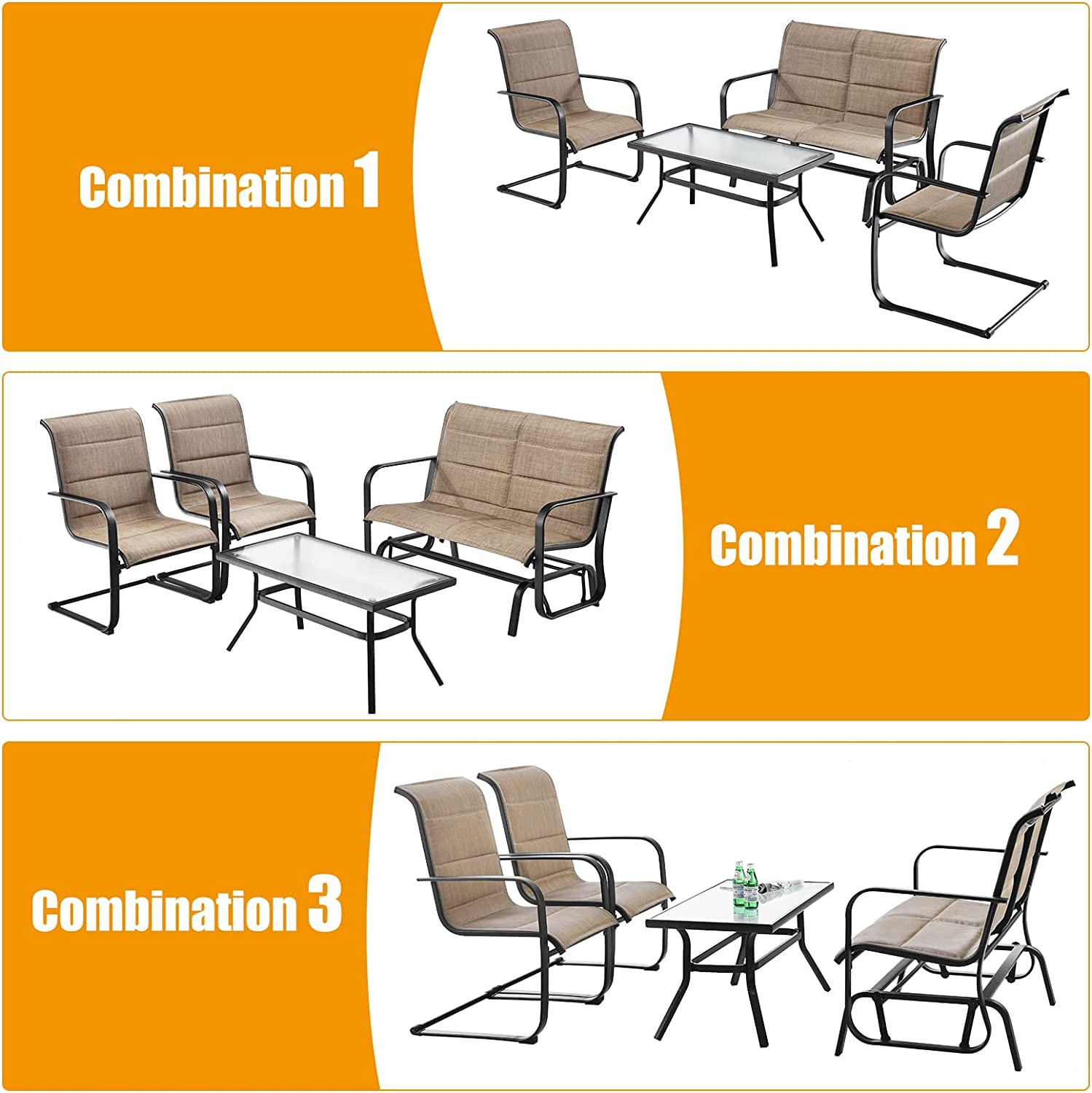 4-Piece Outdoor Metal Patio Conversation Set with Padded Glider Loveseat and Coffee Table