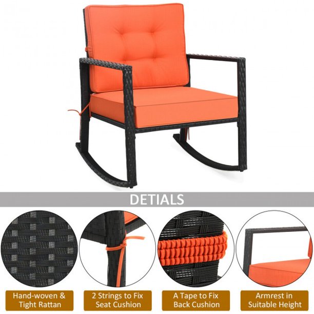 Rocking Chair Patio Rattan Lounge Chair With Sponge Cushion Rocker For Outdoor Patio Indoor And Back Pad