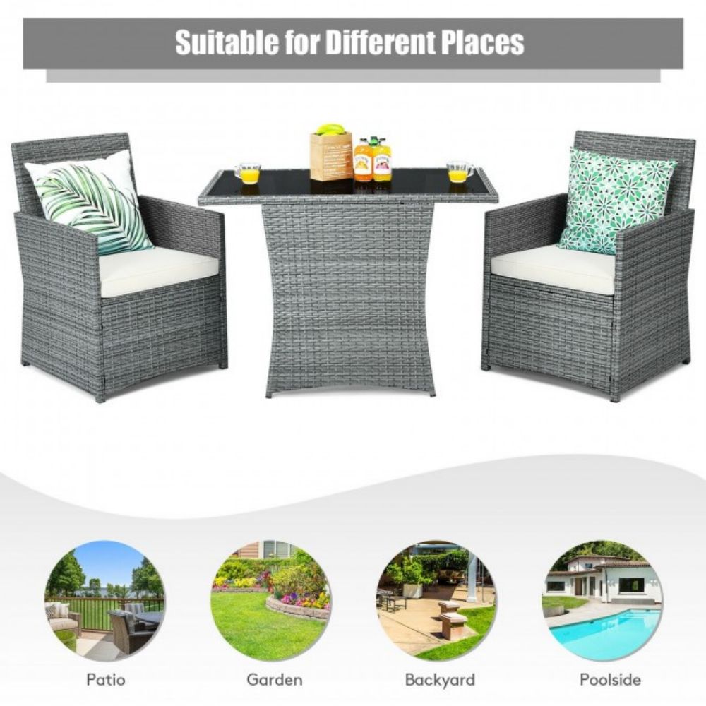 3-Piece Patio Rattan Wicker Outdoor Bistro Set Dining Table Set with White Cushions