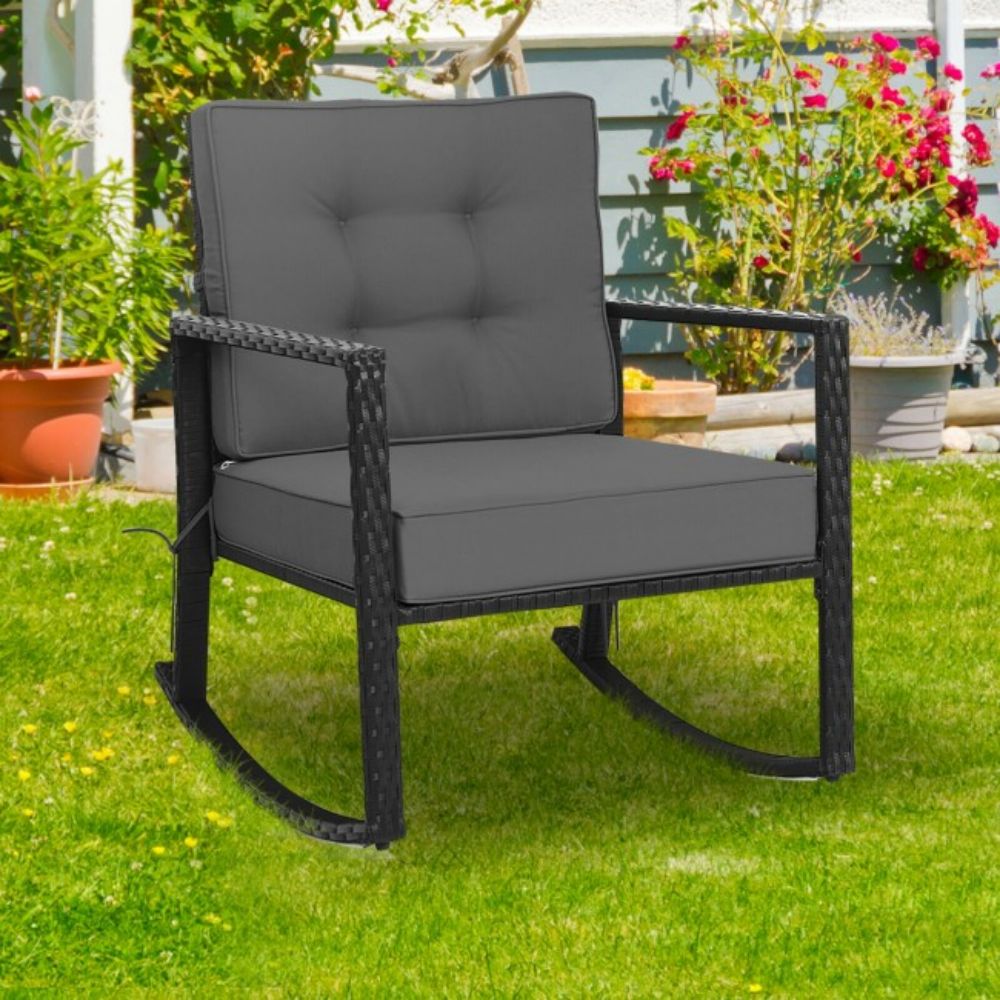 Patio Rattan Wicker Rocking Chair Outdoor Rocking Chair with Gray Cushions