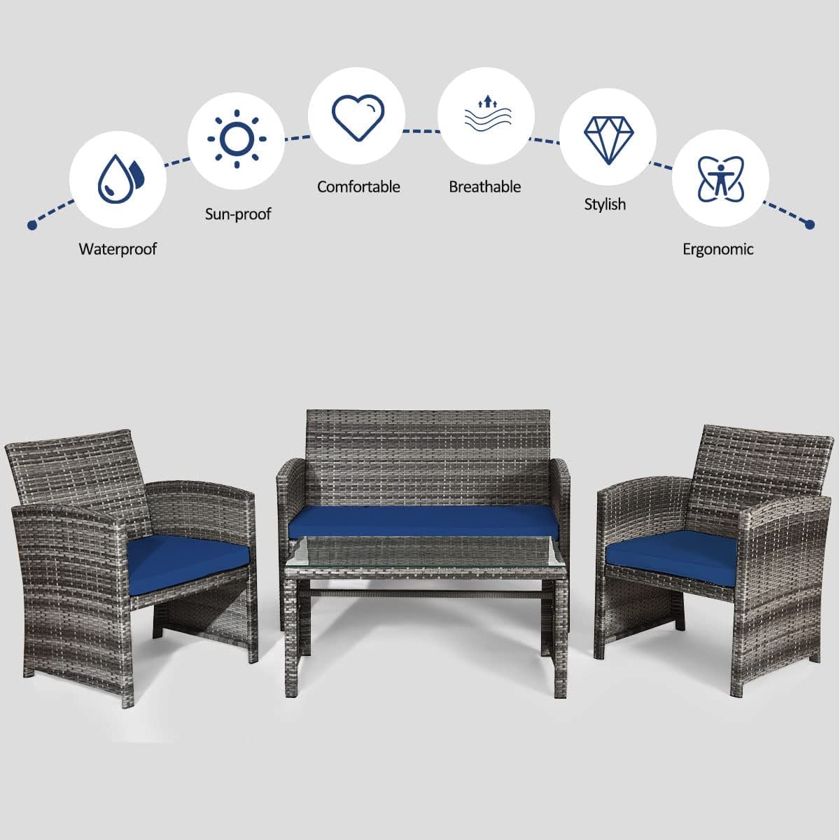 4-Piece Outdoor Wicker Conversation Furniture Set with Navy Cushions and Tempered Glass Table