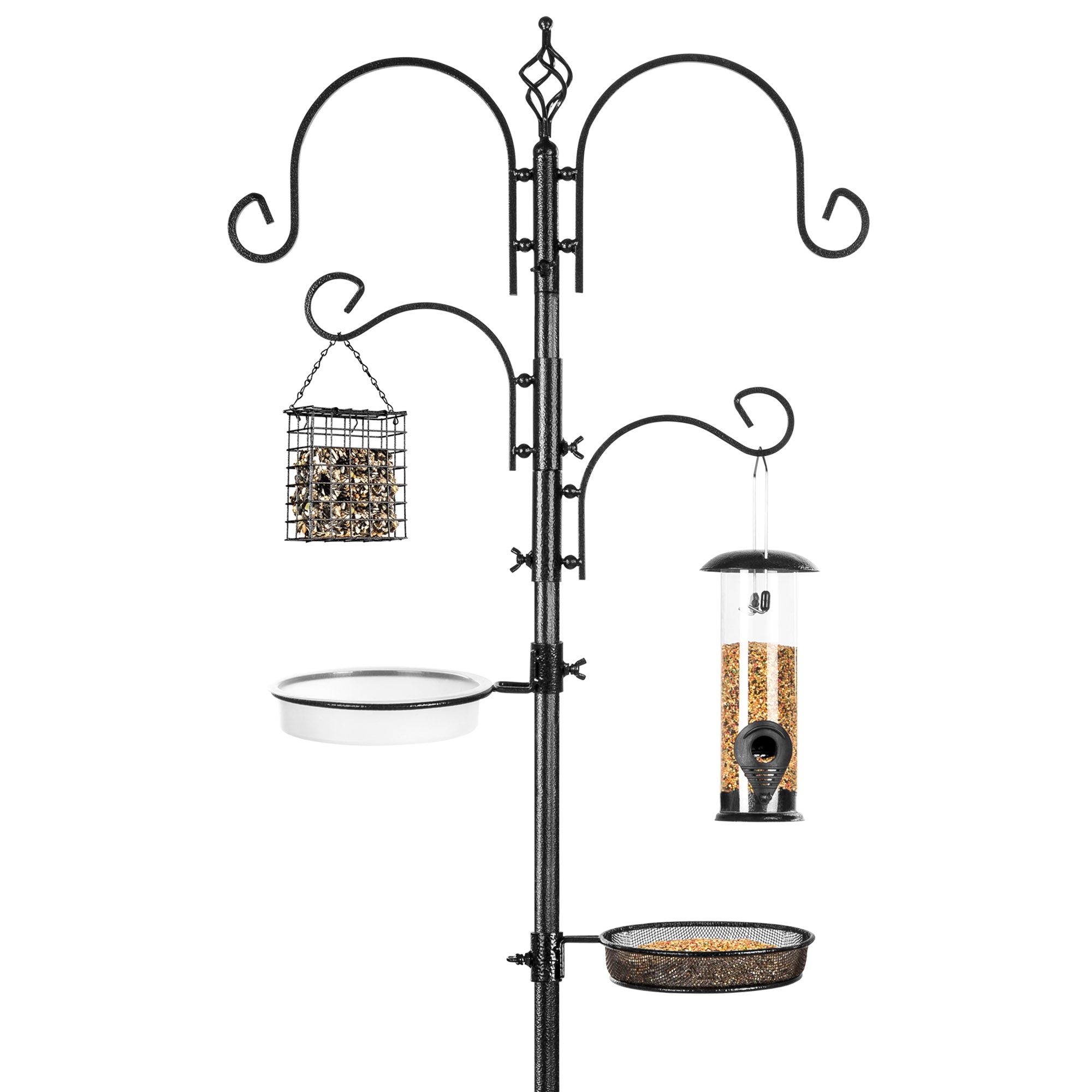 SUGIFT 91in 4-Hook Bird Feeding Station, Steel Multi-Feeder Stand w/ 2 Feeders, Tray, Bird Bath - Black