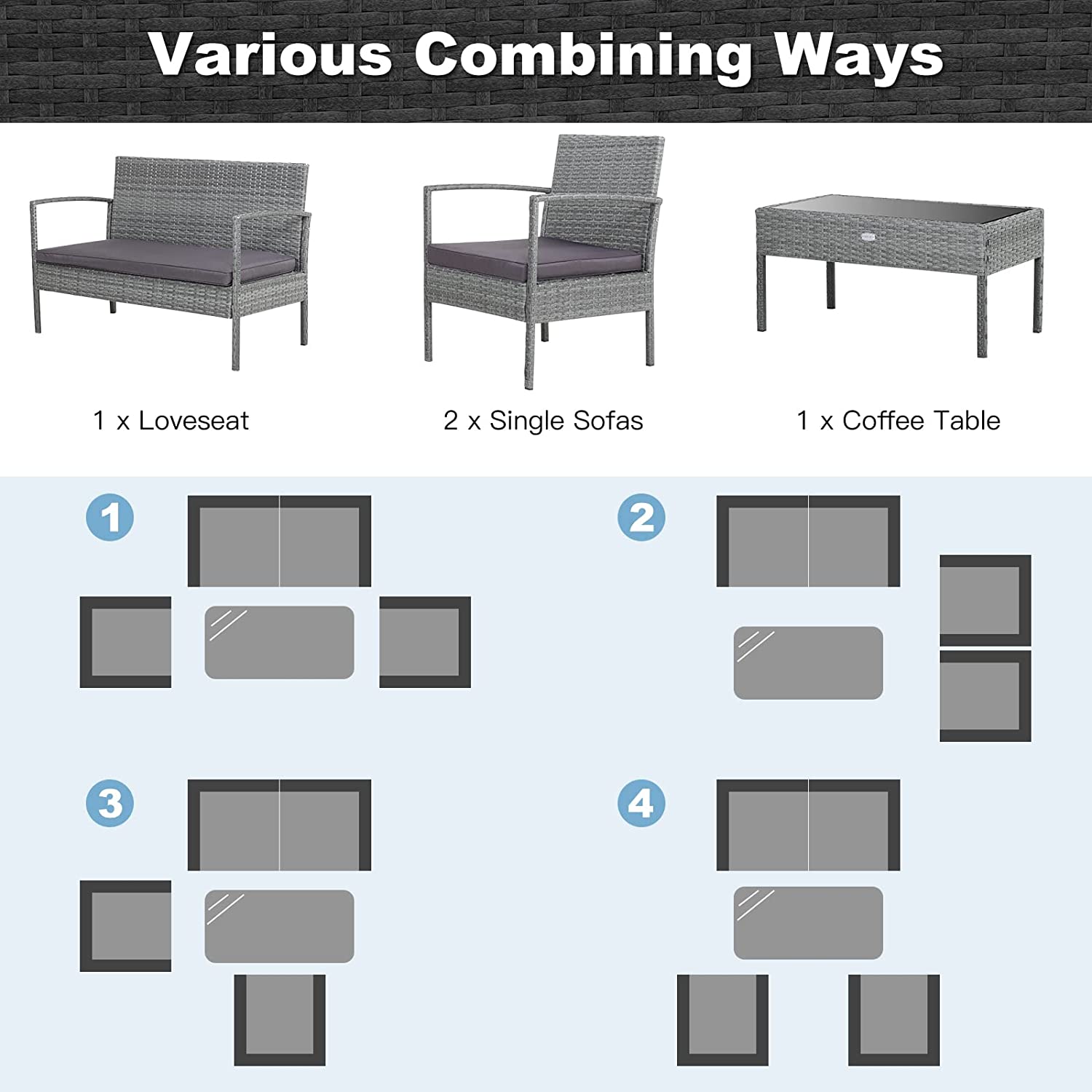 4-Pieces Rattan Outdoor Conversation Set with Purple Cushion