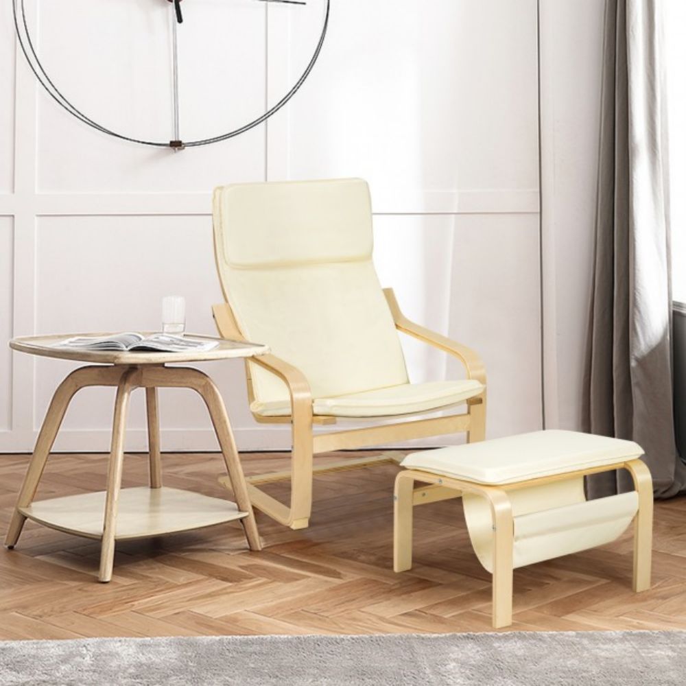 Wooden Outdoor Lounge Chair and Ottoman with White Cushion