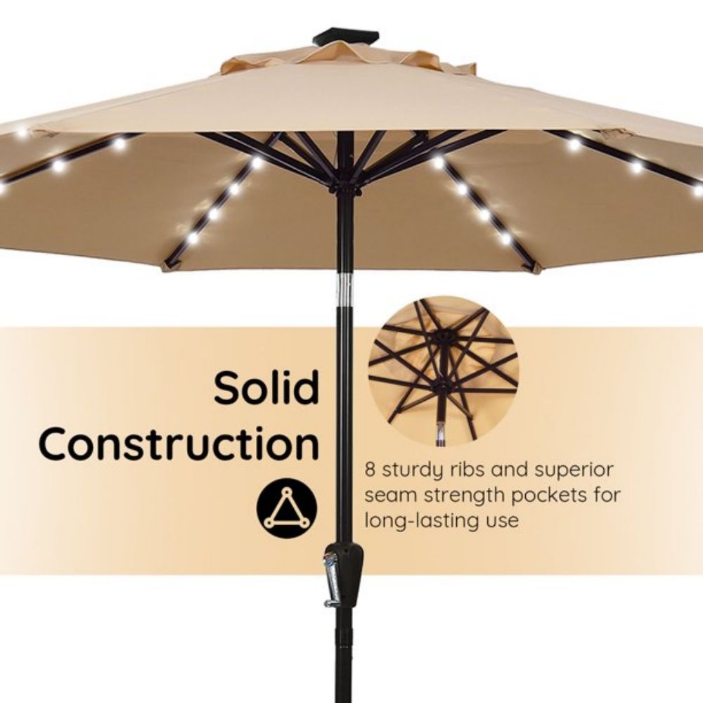 10 ft. Metal Market Solar Tilt Patio Umbrella with Crank and LED Lights in Beige