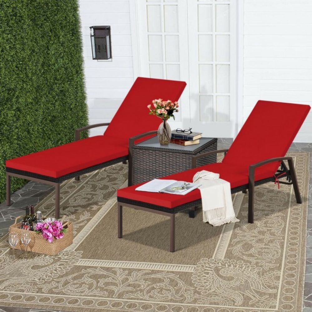 Brown Adjustable Metal Outdoor Lounge Chair in Red Cushion (Set of 2-Packs)