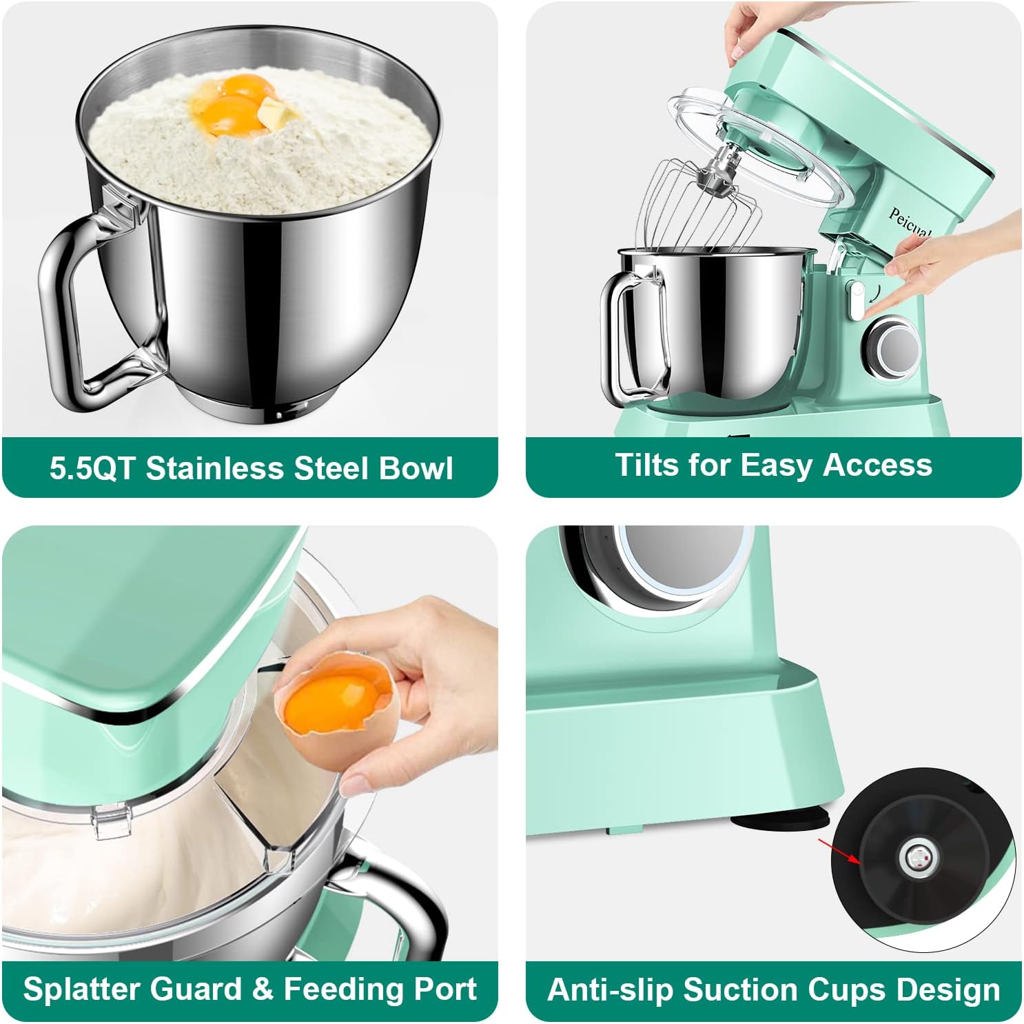 Stand Mixer for Peicual 380W 10+P Speed High-Performance Tilt-Head Electric Kitchen Mixer