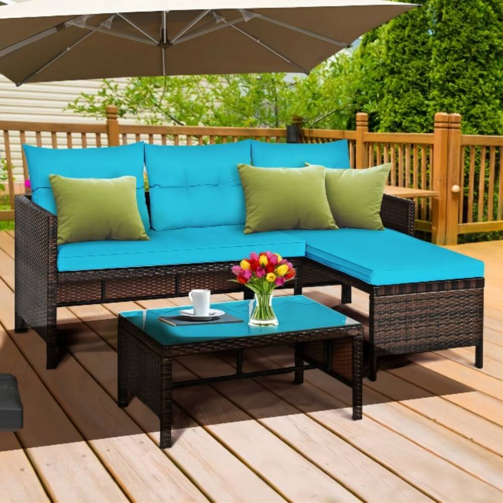 3-Piece Wicker Outdoor Corner Sectional Sofa Set with Turquoise Cushions and Coffee Table
