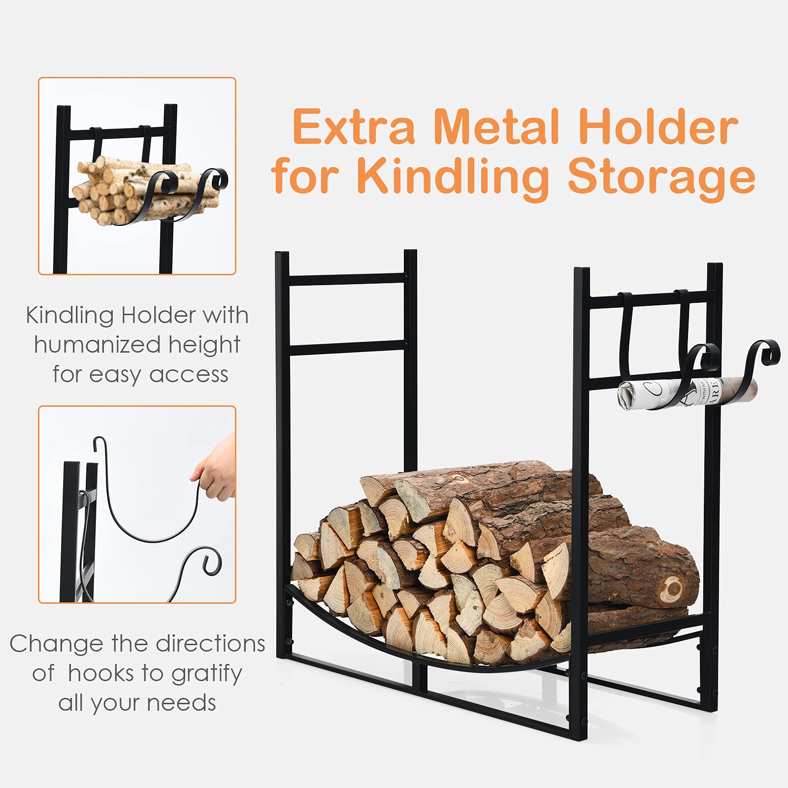 33 in. Black Steel Outdoor Log Hoop Firewood Rack with Removable Kindling Holder