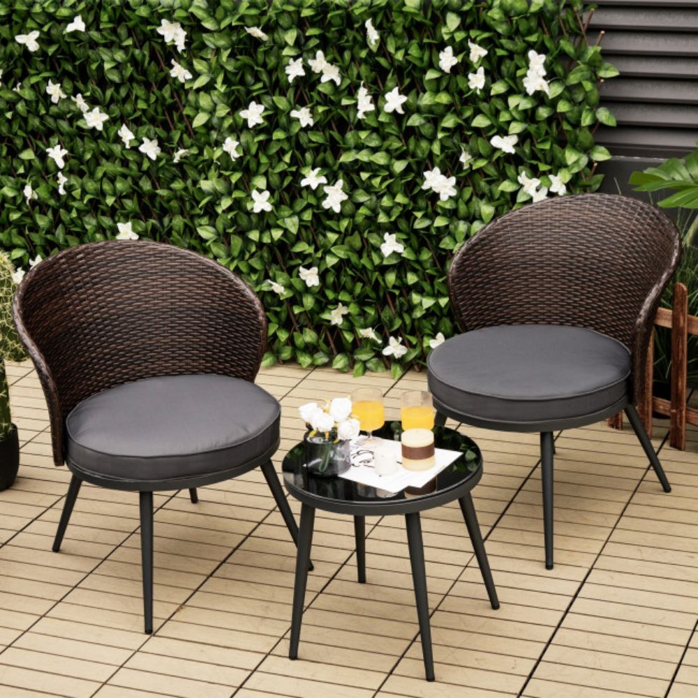 3-Pieces Rattan Outdoor Patio Conversation Set with Black Cushions