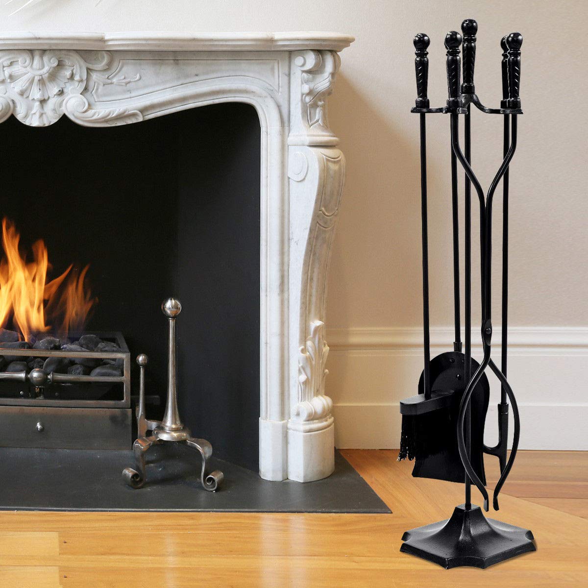 Black Metal 5-Piece Fireplace Tool Set
