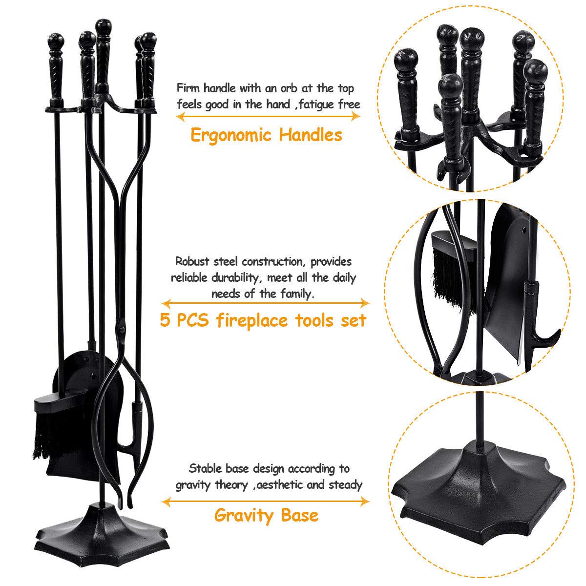 Black Metal 5-Piece Fireplace Tool Set
