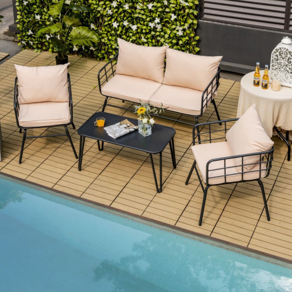 4-Piece Outdoor Metal Patio Conversation Set with Beige Cushions