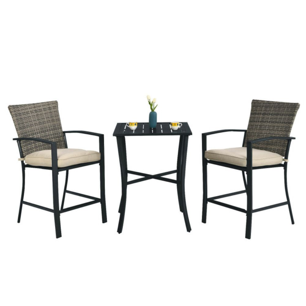 3-Pieces Rattan Patio Outdoor Conversation Furniture Set with Slat Table and Beige Cushions