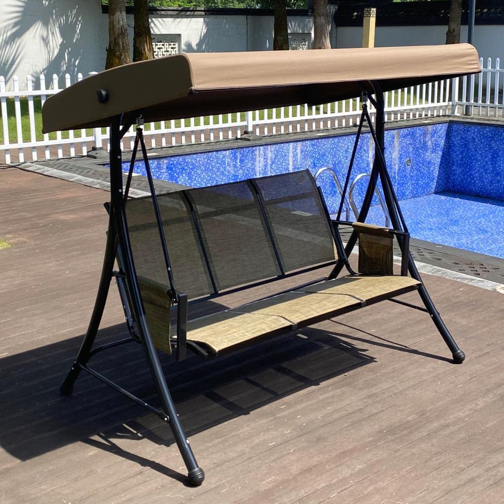 SUGIFT 3-Person Luxury Outdoor Porch Swing Chair With Side Bags and Adjustable Tilt Canopy in Brown