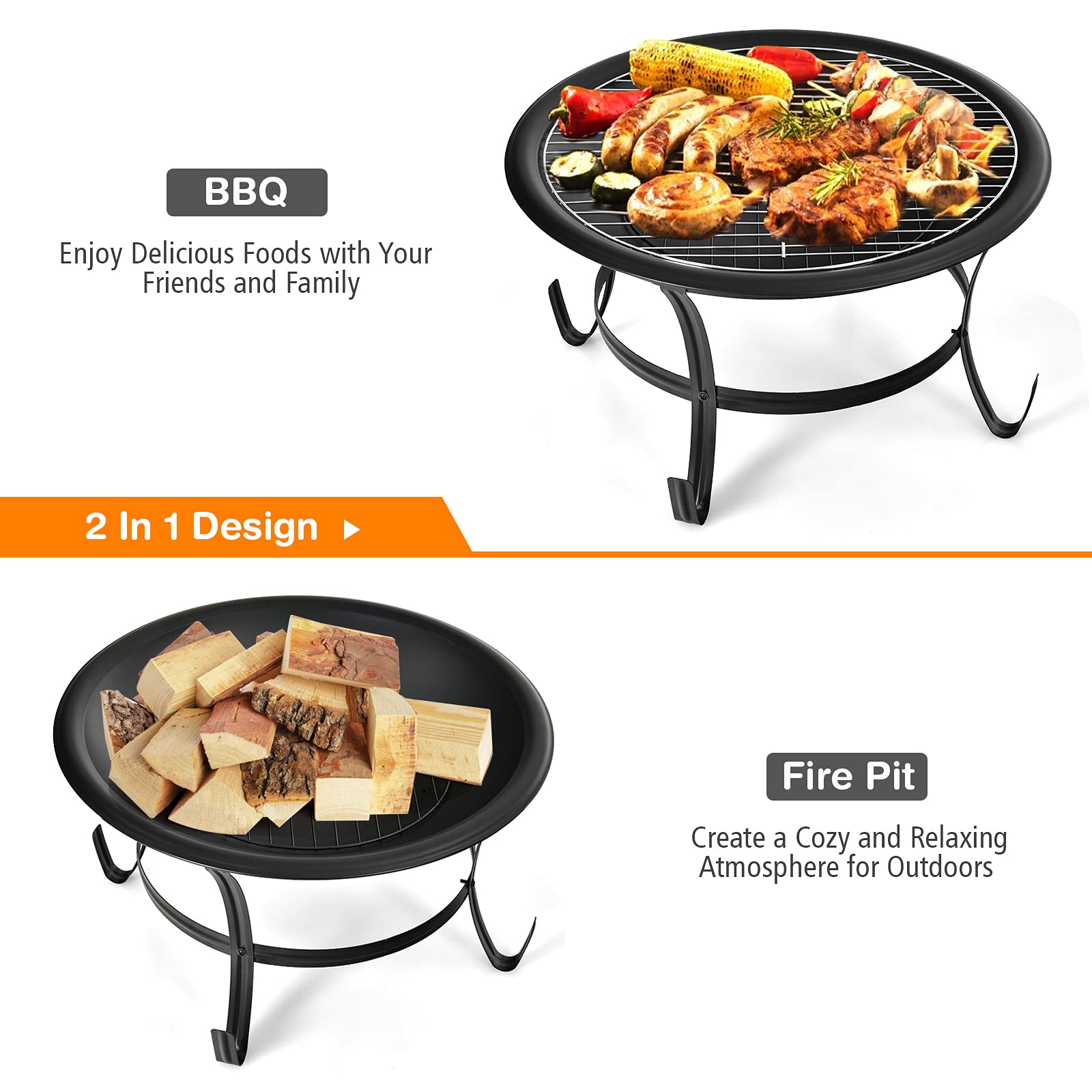 22 in. W x 12 in.H Round Outdoor Metal Wood Burning Fire Pit with Grill and Poker