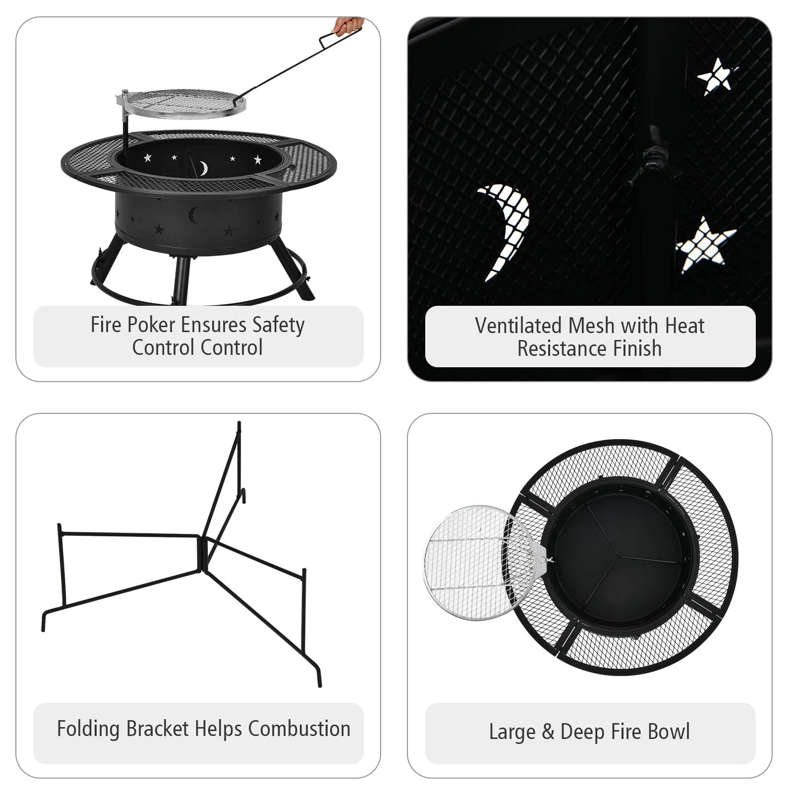 32 in. Metal Outdoor Wood Burning Fire Pit in Black with 360-Degree Swivel BBQ Grate and Poker
